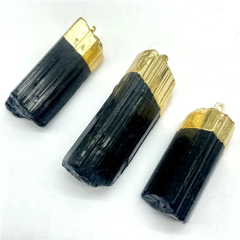 

Natural Gem Stone Black Raw Ore Tourmaline Gold Edge Irregular Shape Pendant Charms Reiki Jewelry Making Necklace Men Women 6Pcs