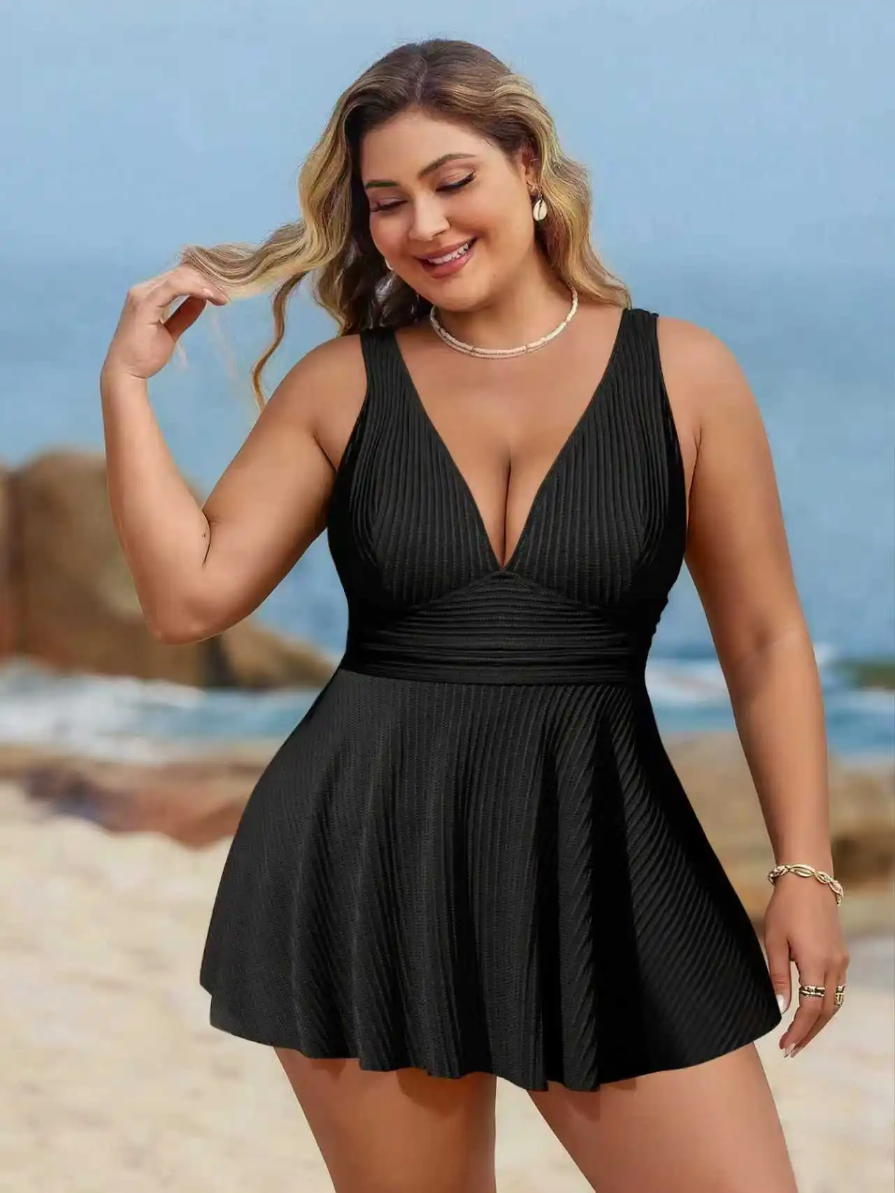 2026 New Plus Size Women Swimdress Tummy Control Sexy One Piece Swimwear Beachwear With Push Up Bra