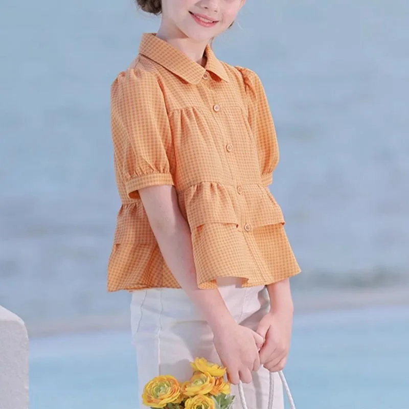 여아용 폴로 넥 블라우스, 단추 격자 무늬, 스플라이스 러플, 올 매치 패션, 느슨한 장난스러운 반팔 셔츠 상의, 2024 여름 신상