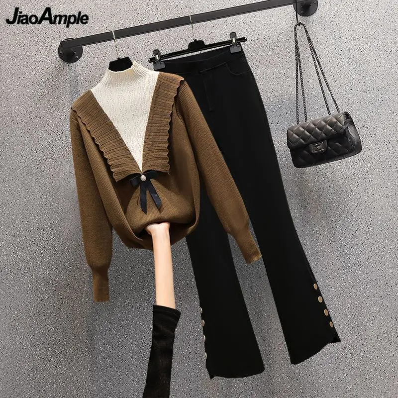 

Women's Autumn Winter Sweater Flare Pants Outfit Graceful Patchwork Bowknot Knitting Pullover Trousers Two Piece Set 2023 New