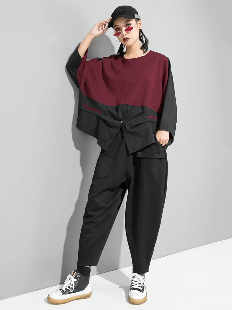 [EAM] Loose Fit Contrast Color Big Size Sweatshirt New Round Neck Long Sleeve Women Big Size Fashion Spring Autumn 2026 1D716