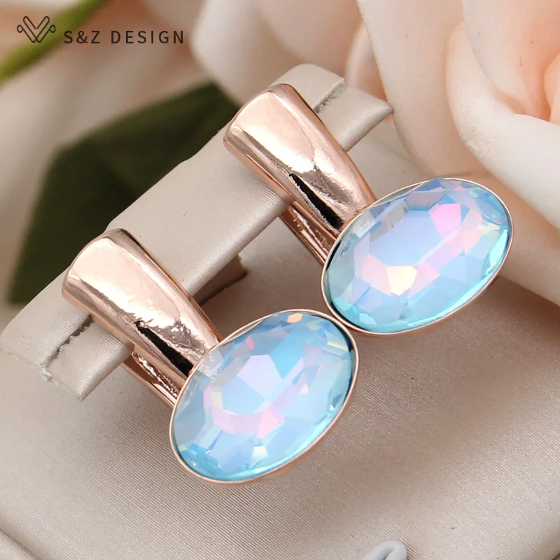 S&Z DESIGN New Fashion Egg Shape Oval Crystal Drop Earrings For Women Wedding Jewelry 585 Rose Gold Color Smooth Metal Eardrop