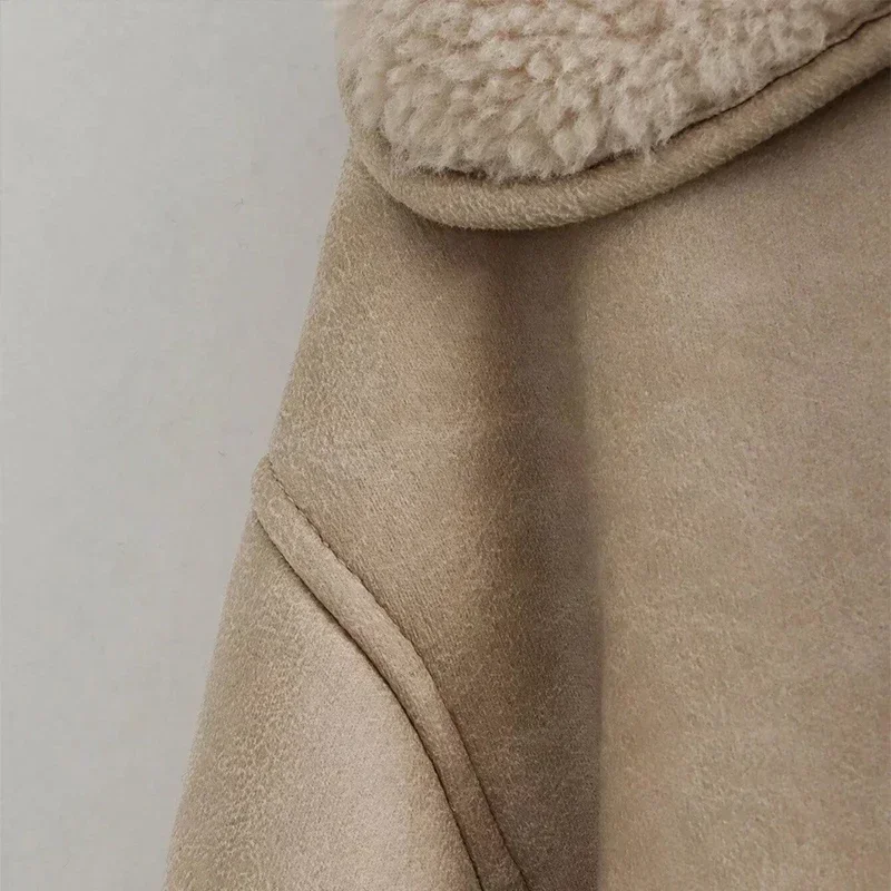 Vintage Women's Leather Jacket Loose Thick Warm Lapel Single Breasted Long Sleeve Fleece Jacket Fall Winter Street Outwear