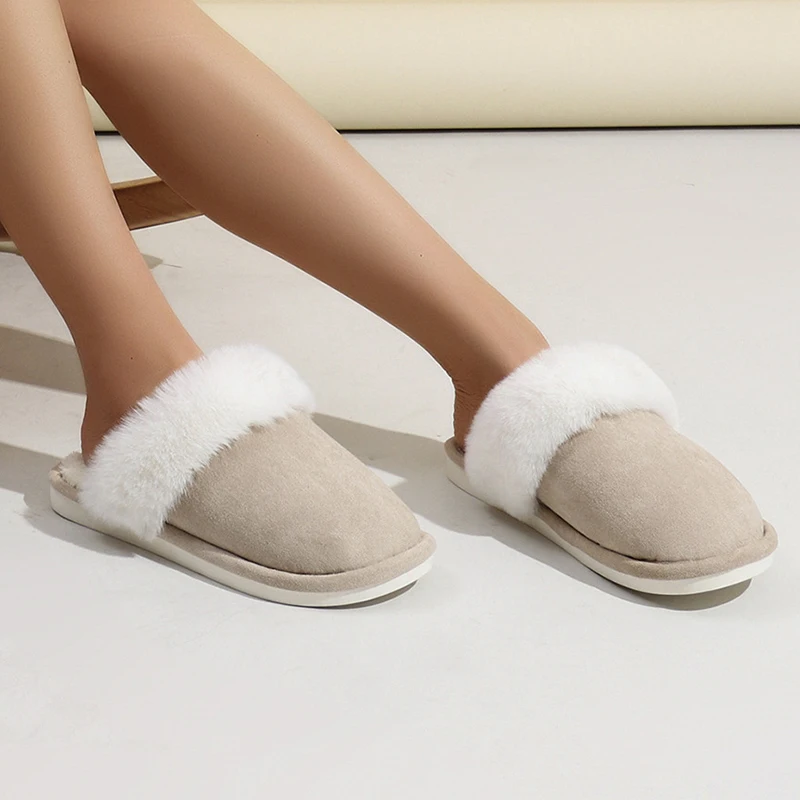 Lucyever Pink Faux Suede Faux Fur Slippers Women Home Warm Non Slip Slides Woman Causal Flat Heels Plush Slipper Shoes Female 4