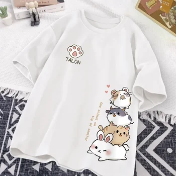 Japanese Cute Hamster Style Sweet Print Daily Wear Short Sleeve T-shirt Women's Loose Casual Teenage Student Half Sleeve Top 1