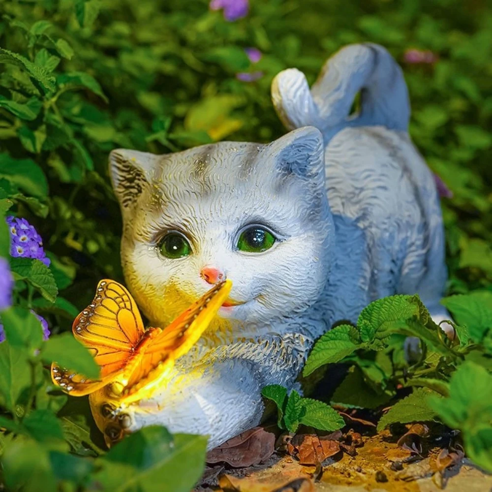 Statue De Chat Solaire Lumineuse Pour Jardin - Déco Extérieure Résine Avec LEDs - Chat Et Papillon Mignon Pour Patio, Pelouse, Cour