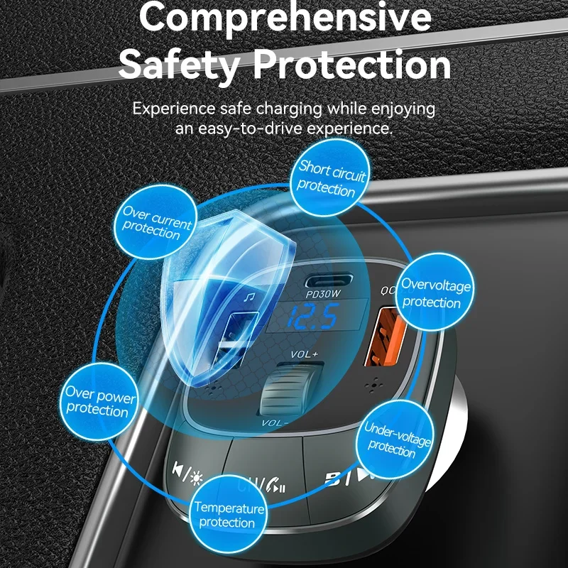 Vention FM Transmitter Car Bluetooth 5.0 Music Adapter 3A 30W Dual USB Car Charger MP3 Player Radio FM Modulator