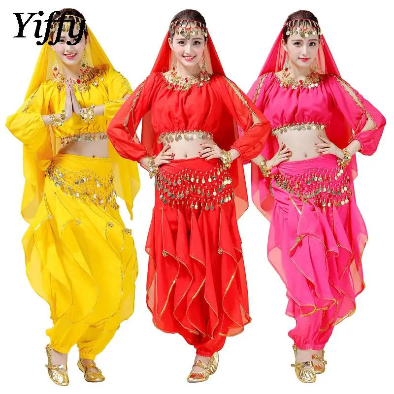 

Женский костюм для индийских танцев, комплект из 4 предметов, топ + штаны + шарф на бедрах + головной убор, шарф для танца живота