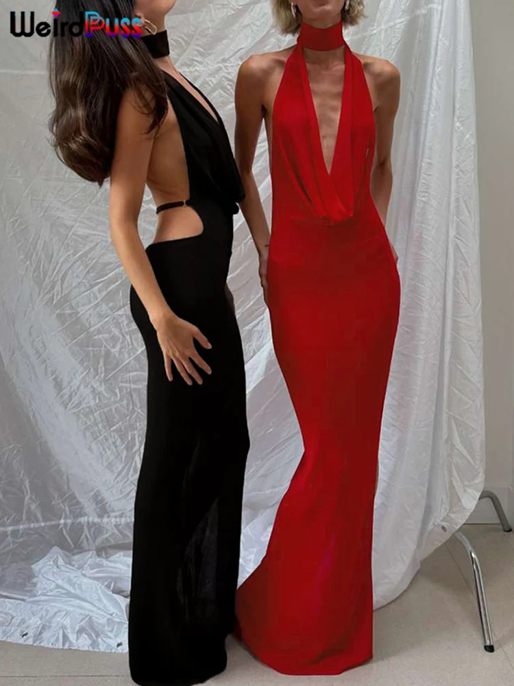 Weird Puss Hollow Halter Dress Women Low-Neck Backless Sexy Sleeveless Slits Robe Trend Midnight Banquet Coquettish Long Bodycon 4