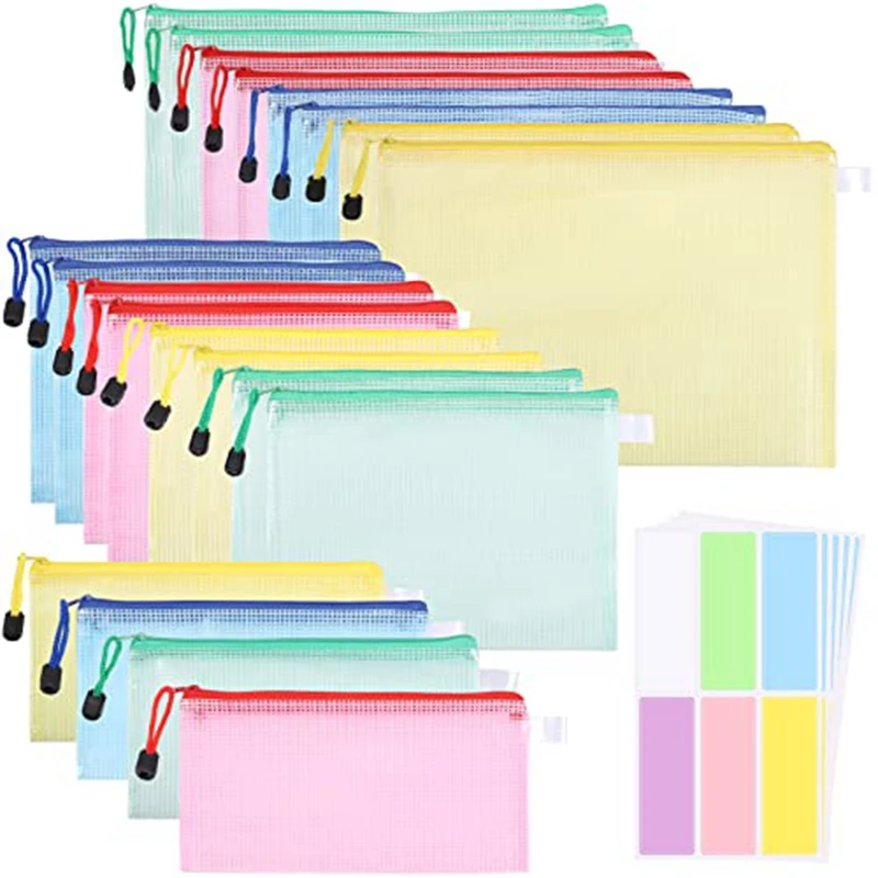 20 Pack Plastic Document Bag A4+A5+A6, File Folder Plastic Zip Pocket Zipper Pocket Mesh Pouch With Zipper (4 Colors)
