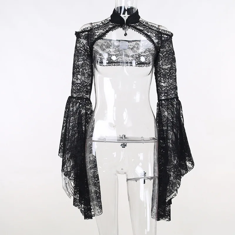 Women's Gothic Tops See-through Mesh Shrug Mock Neck O Ring Lace-up Club-we