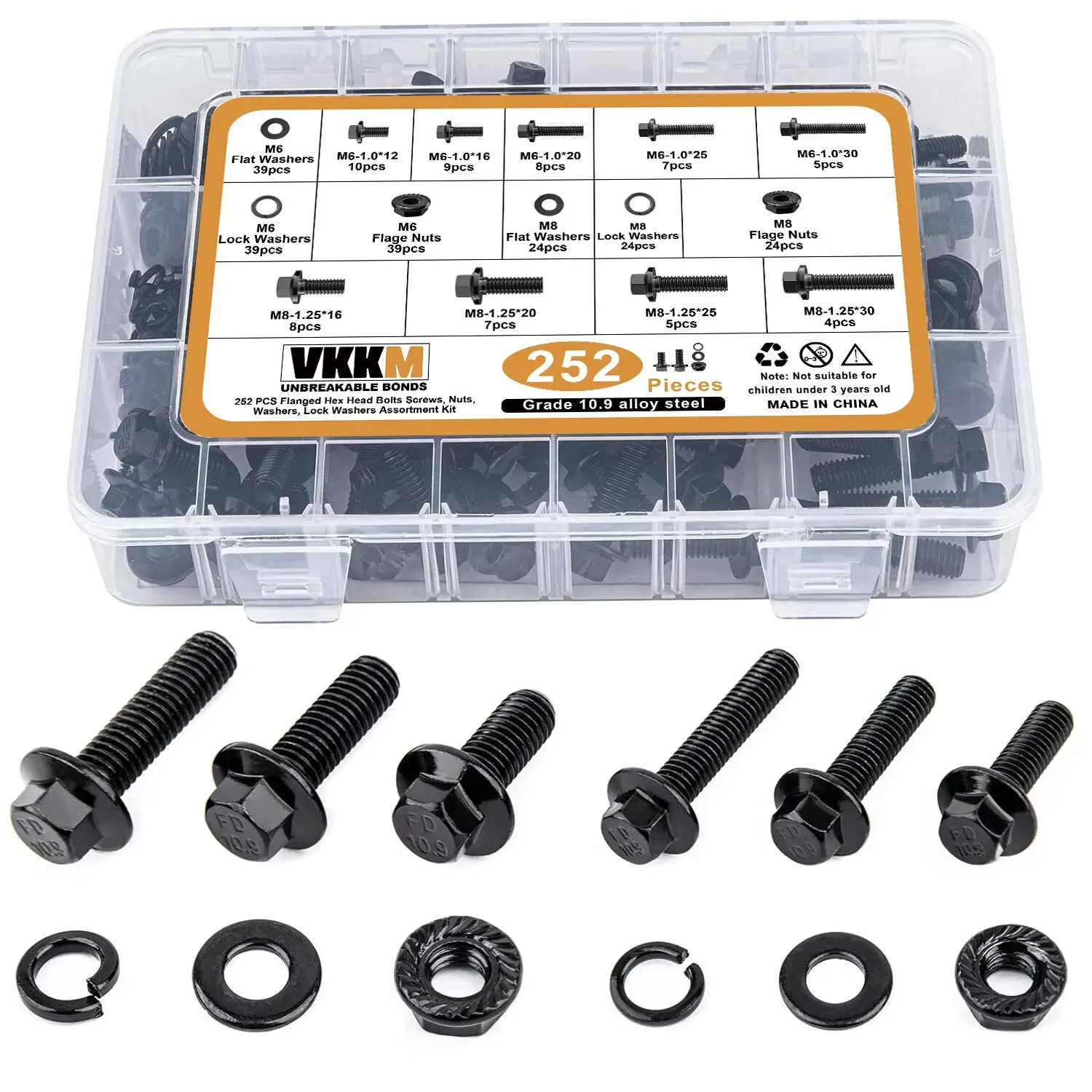 Screw Bolt Nut Set Screw Washer Nut Kit Hex Nuts Assortment Kit 252Pcs Flange Hexagon Bolt Nut Washer Kit 10.9Grade Alloy Steel Black Zinc Plated M6 M8 Metric