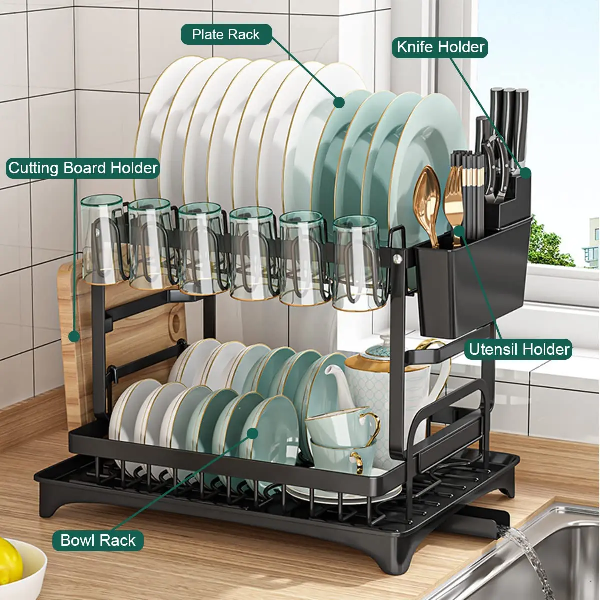 رف تجفيف الأطباق من طبقتين، يوفر مساحة مع حامل أوا...