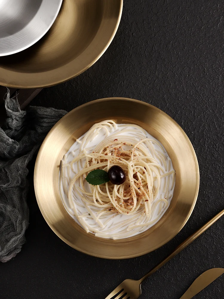 Metal Dining Plate Korean Style Stainless Steel Hat Shaped Dish Plate Household Wide Edge Salad Thickened Pasta
