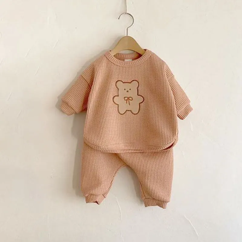 2022 New Children Casual Clothes Set Boys Girls Bear Sweatshirt + Pants 2pcs Suit Solid Color Cotton Kids Baby Outfits baby outfit matching set Baby Clothing Set