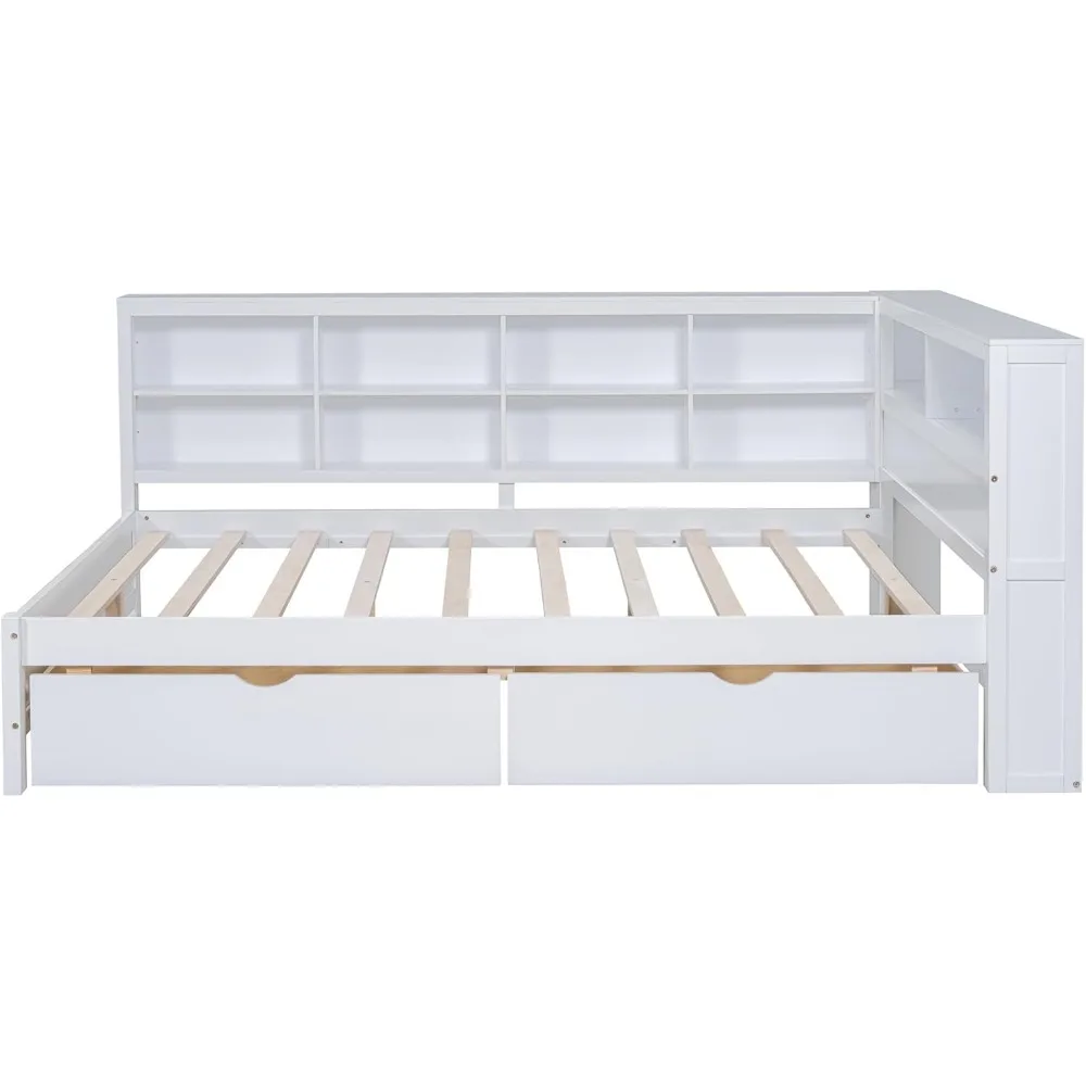 Daybed with Storage Drawers and Bookcase, L-Shape Daybed with USB Ports and Headboard with Storage Headboard, Corner Bed Frame 6