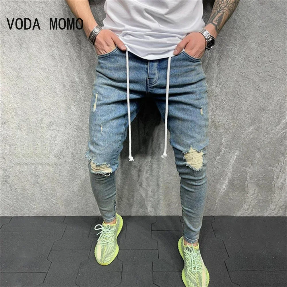 Mens Ripped Skinny Jeans Blue Slim Fit Hole Pencil Pants Casual Biker Trousers Streetwear 2022 High Quality Denim Man Clothing