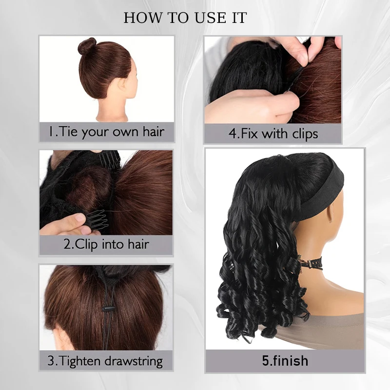 16inch Roman Curl Hair Ponytail Wig Synthetic Wavy Ponytail Extensions with Drawstring&2 Comb Clips Ringlets Hairpiece for Women
