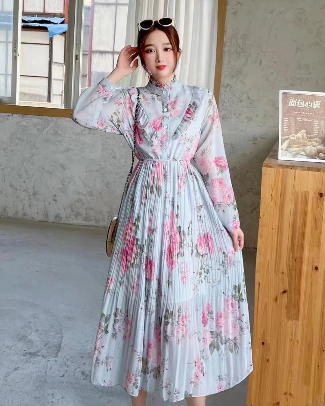 Bow High Neck Pleated Long Sleeve Chiffon Dress Orchid