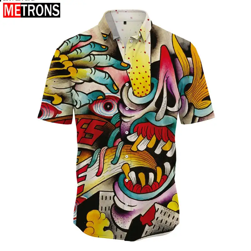 Men's Clothing Button Shirt 3D Printing Versatile Landscape Animal Horror Commuting Fashion Short Sleeve Top Holiday Style