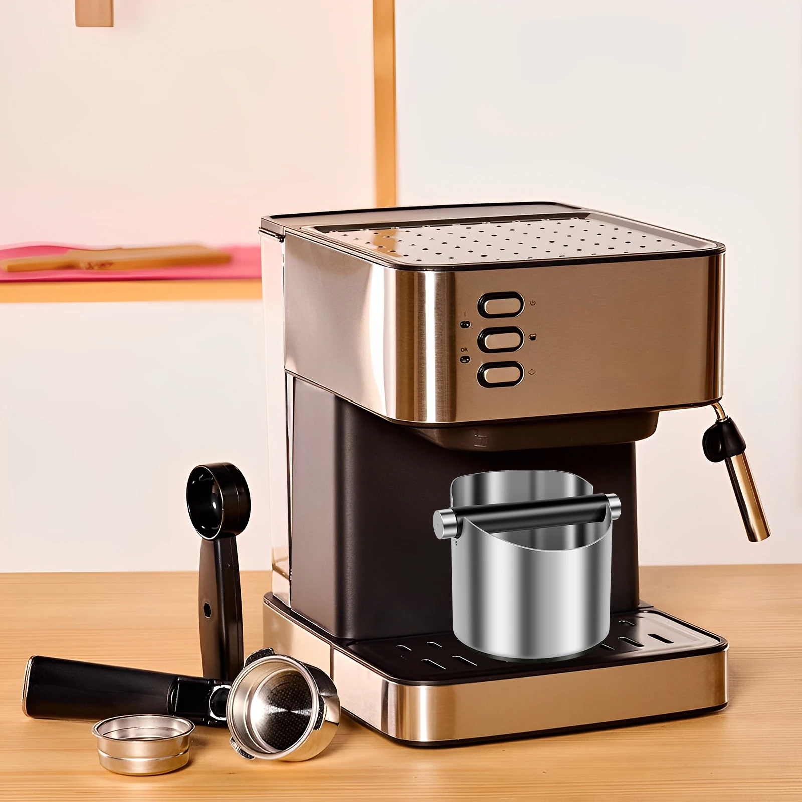 Coffee Knock Box Stainless Steel Espresso Knock Box Non Slip Coffee Ground Knock Box with Rubber Ring Beveled Coffee Ground Bin