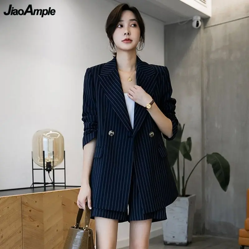 Women Workwear Spring Summer Stripe Blue Blazers Shorts Two Piece Set Korean Office Lady Graceful Suit Coat Pants Outfits 2023