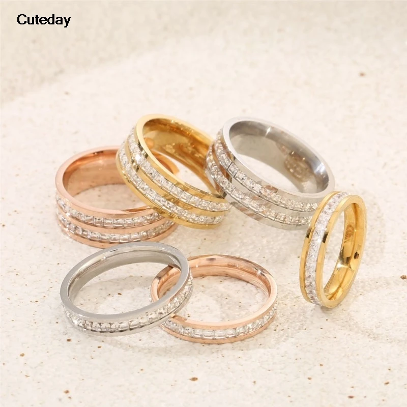 Elegant Rose Gold Double Row Zircon Square Ring - Women's Romantic Engagement and Wedding Jewelry Gift