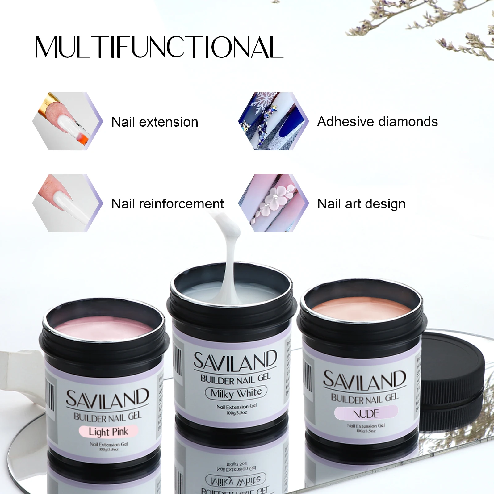 Saviland 100g Builder Gel per unghie Bianco Nudo Rosa Gel per estensione unghie Unghie multifunzionali Smalto gel Soak Off UV per il salone fai da te - immagine 2