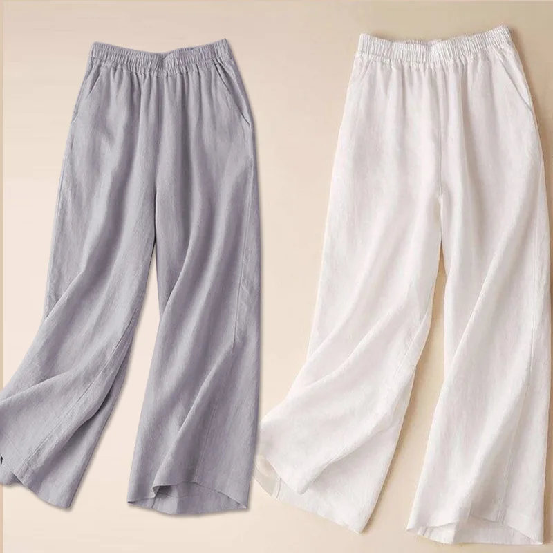 Women Cotton Linen Wide Leg Pants Female Summer Pants Full Length Casual Pants Fashion Solid Loose High Waist Straight Trousers 4