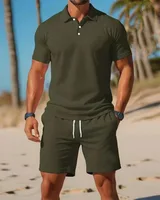 Polo boutonné à manches courtes et Short en maille respirante pour hommes, ensemble d'été décontracté et polyvalent à la mode, grande taille 5