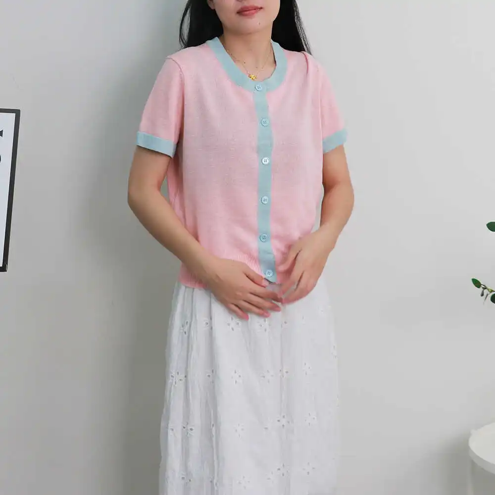 

Simplicity Fashion Summer Thin Style Ice Silk T-Shirts Women's O-Neck Solid Screw Thread Casual Loose Short Sleeve Knitted Tops