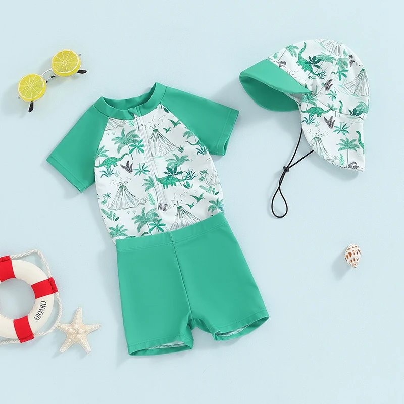 Kids Swimsuit For Baby Girls Boys Rash Guard Beachwear Swimwear Dinosaur Print Short Sleeve Tops Swim Trunks Cap Bathing Suit