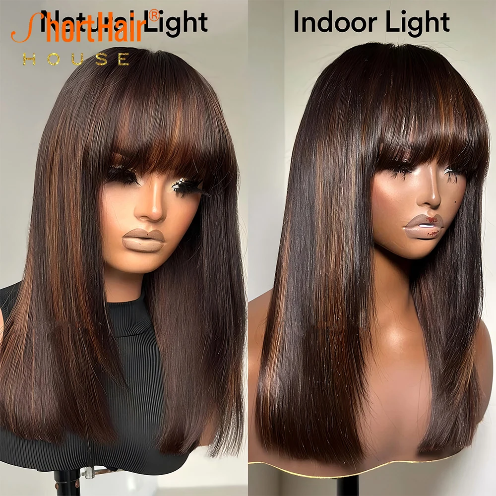 Caramel Brown Human Hair Wigs With Bangs Brazilian Pixie Cut Human Hair Wig Brown 13x4 Lace Front Straight Bob Wigs