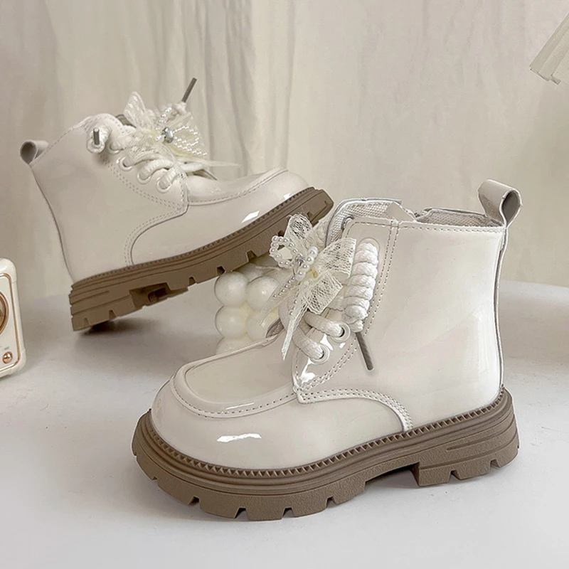 Leather Ankle Boots for Girls with Lace Bow