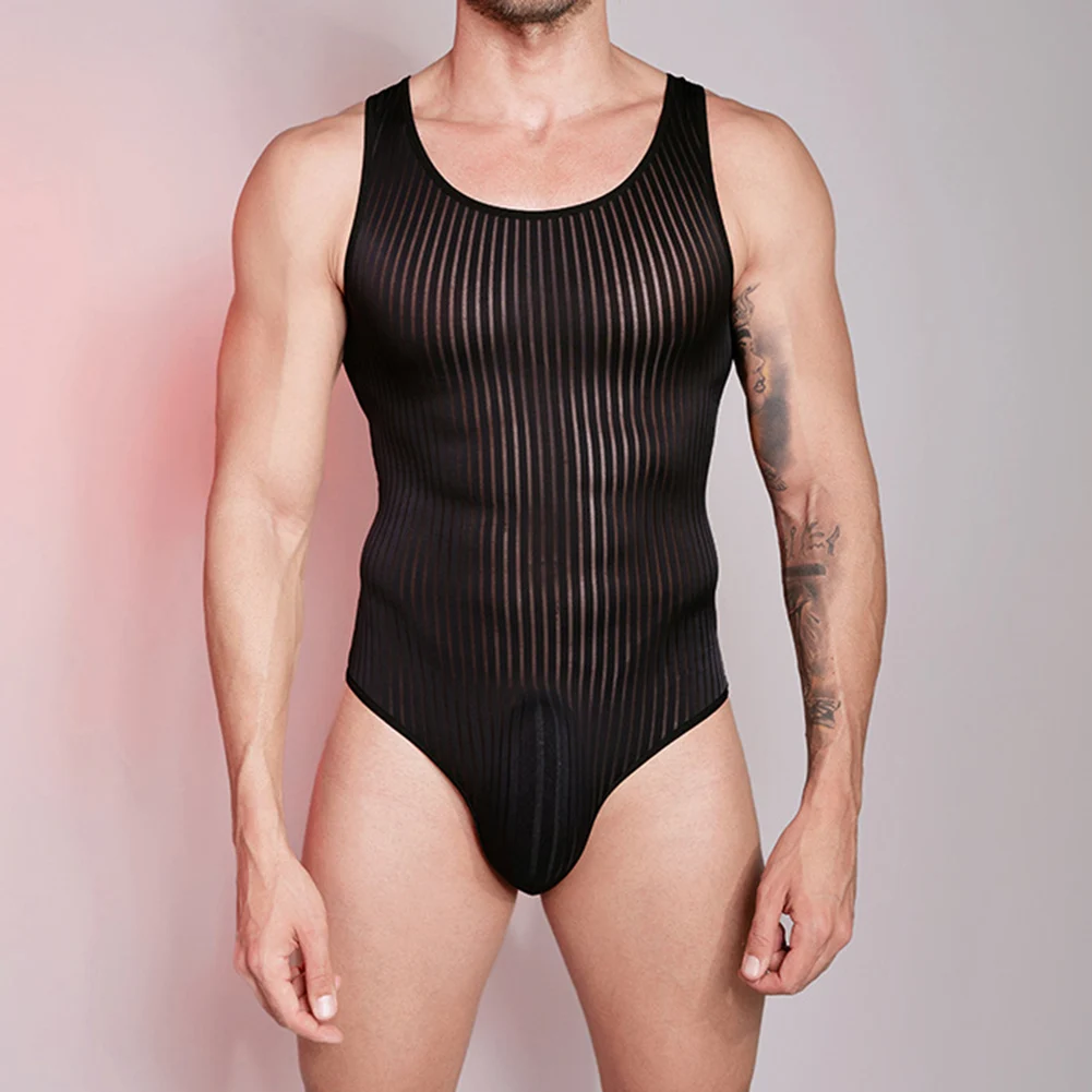 Mens Thin Mesh Sheer Bodysuit Sleeveless High Cut Leotard Elasticity See Through Jumpsuit Striped Swimsuit Solid Lingerie Hombr