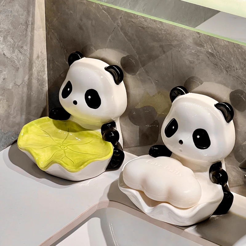 Ceramic Panda Shaped Soap Dish Storage Rack, Bathroom Supplies, Creative Light Luxury, High Beauty, Cute Drain, No Punching, 1Pc