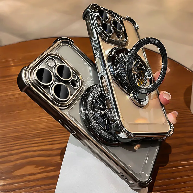Luxury Plating Rotating Gyro Bracket Case For iPhone 17 Pro Max Air 12 13 14 15 16 Pro For Magsafe Airbag Shockproof Phone Cover view 6