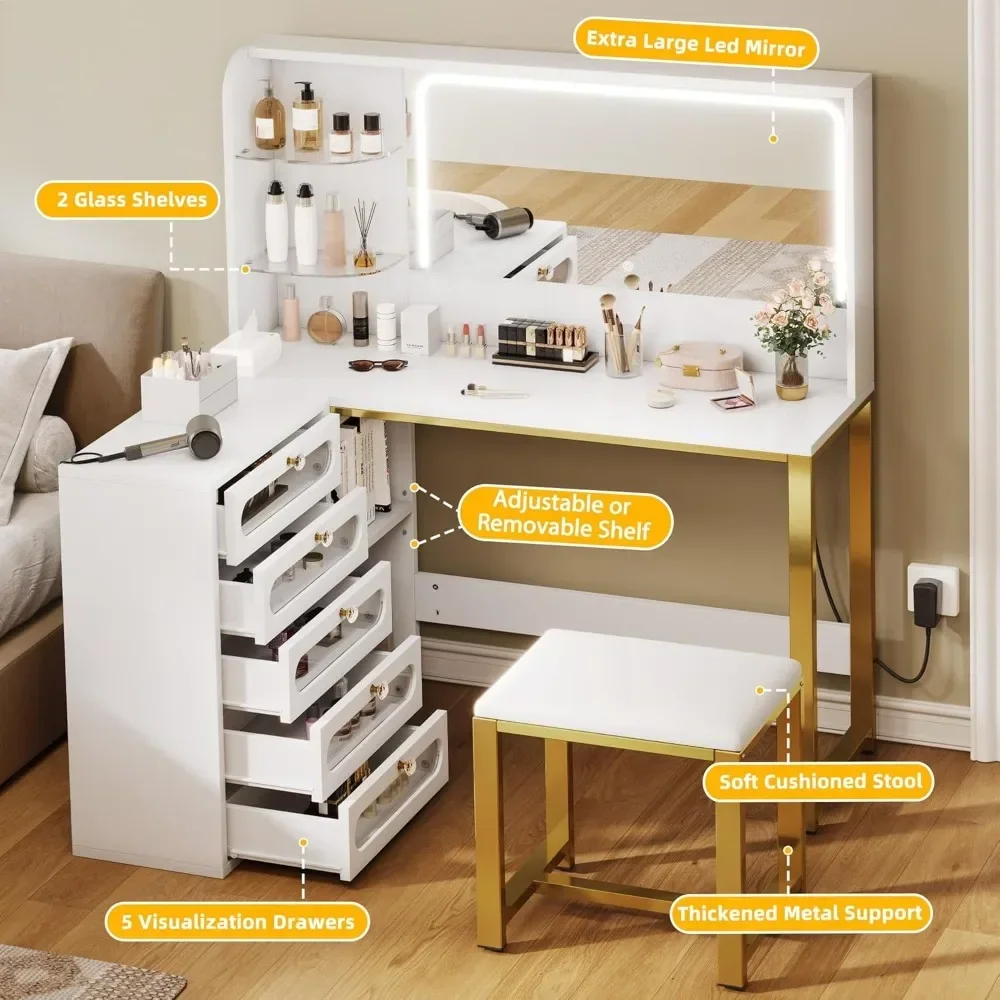 48" Large Dressing Table with 5 Tempered Glass Drawers Vanity Desk Set- L Makeup Vanity with Mirror and Lights 3 Lighting Modes 3