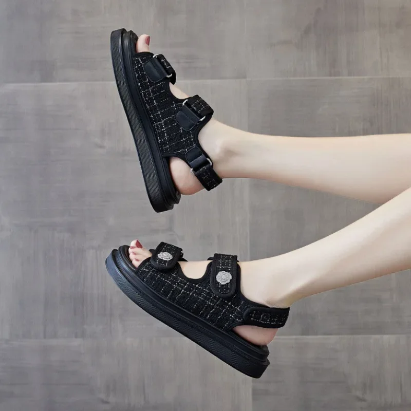 Women Sandals BeauToday Platform Sandals Lattice Round Toe Hook Loop Plaid Cloth Summer Casual Ladies Outdoor Handmade 38161