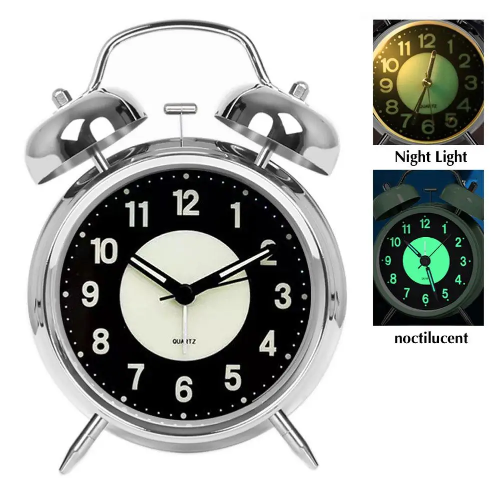 

4 Inches Silver Twin Bell Super Loud Alarm Clock Battery Operated With Nightlight For Heavy Sleepers Metal Alarm Clock U2h8