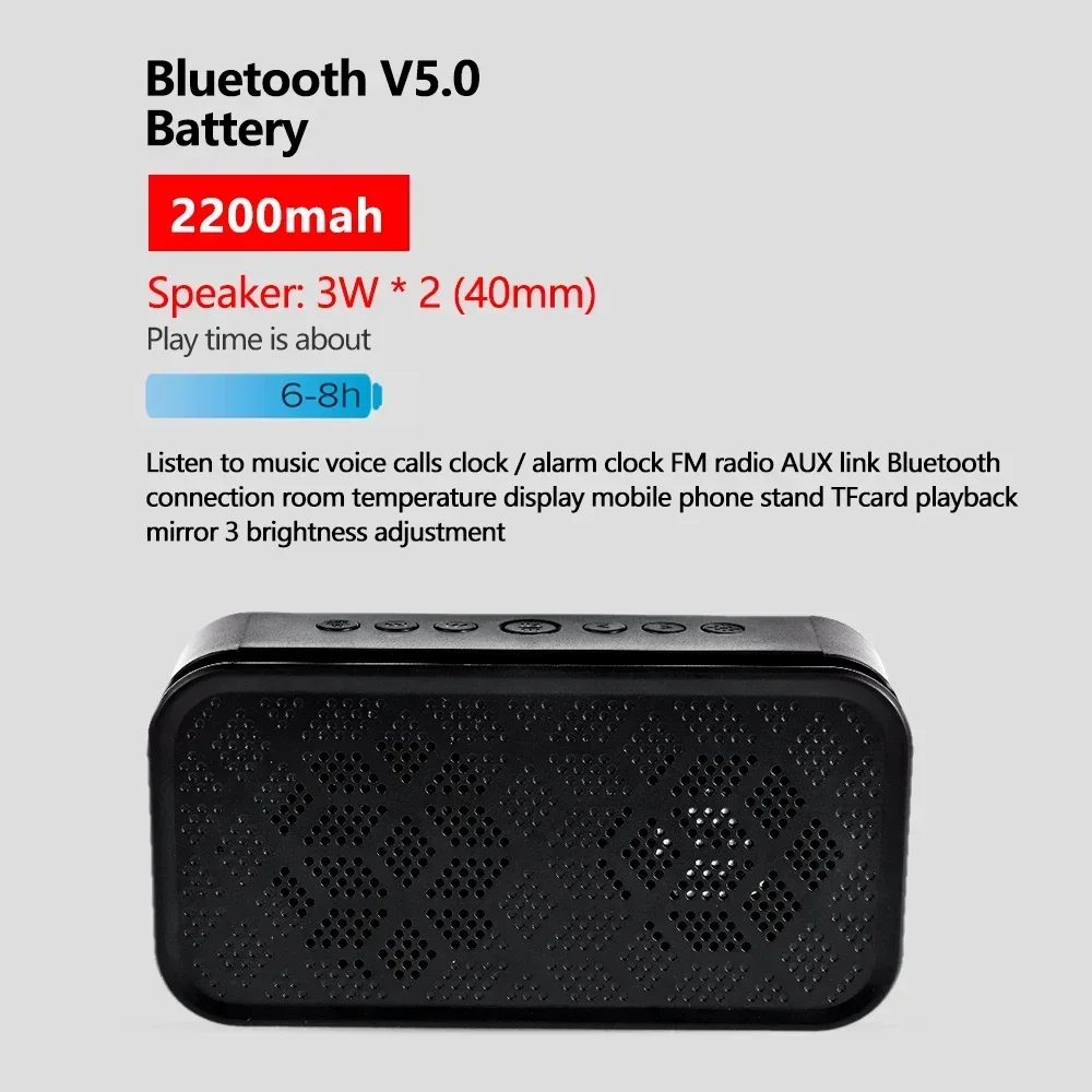 Portable Wireless Bluetooth Speaker Column Super Bass Stereo Subwoofer Handsfree Support TF AUX mirror Alarm Clock temperature 3