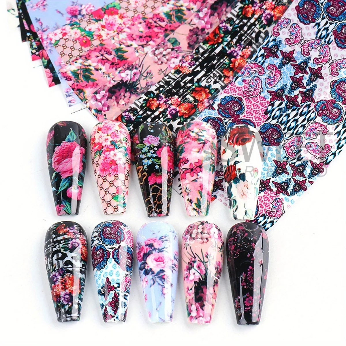 2 Pack Painting Rose Flower Nail Art Foil Butterfly Hibiscus Design Elegant Printing Sticker Elegant Lady Manicure Transfer Tips