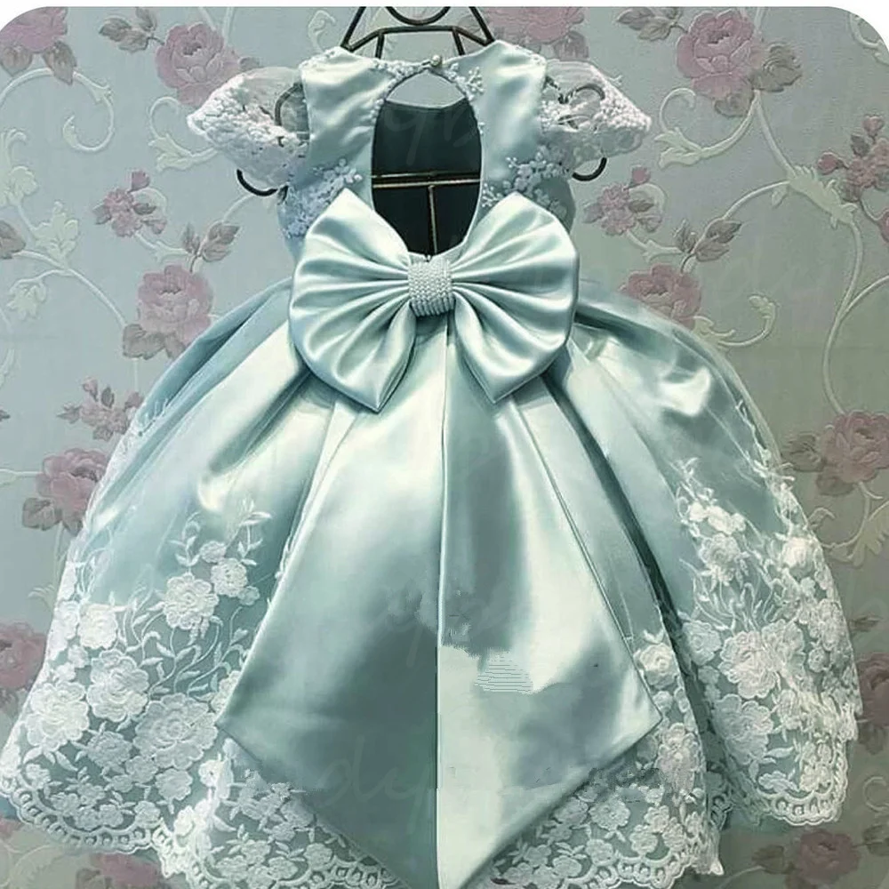 レースの短いサテンドレス弓付きの緑の花の女の子の服ノースリーブ結婚式誕生日パーティーボールガウン初聖体