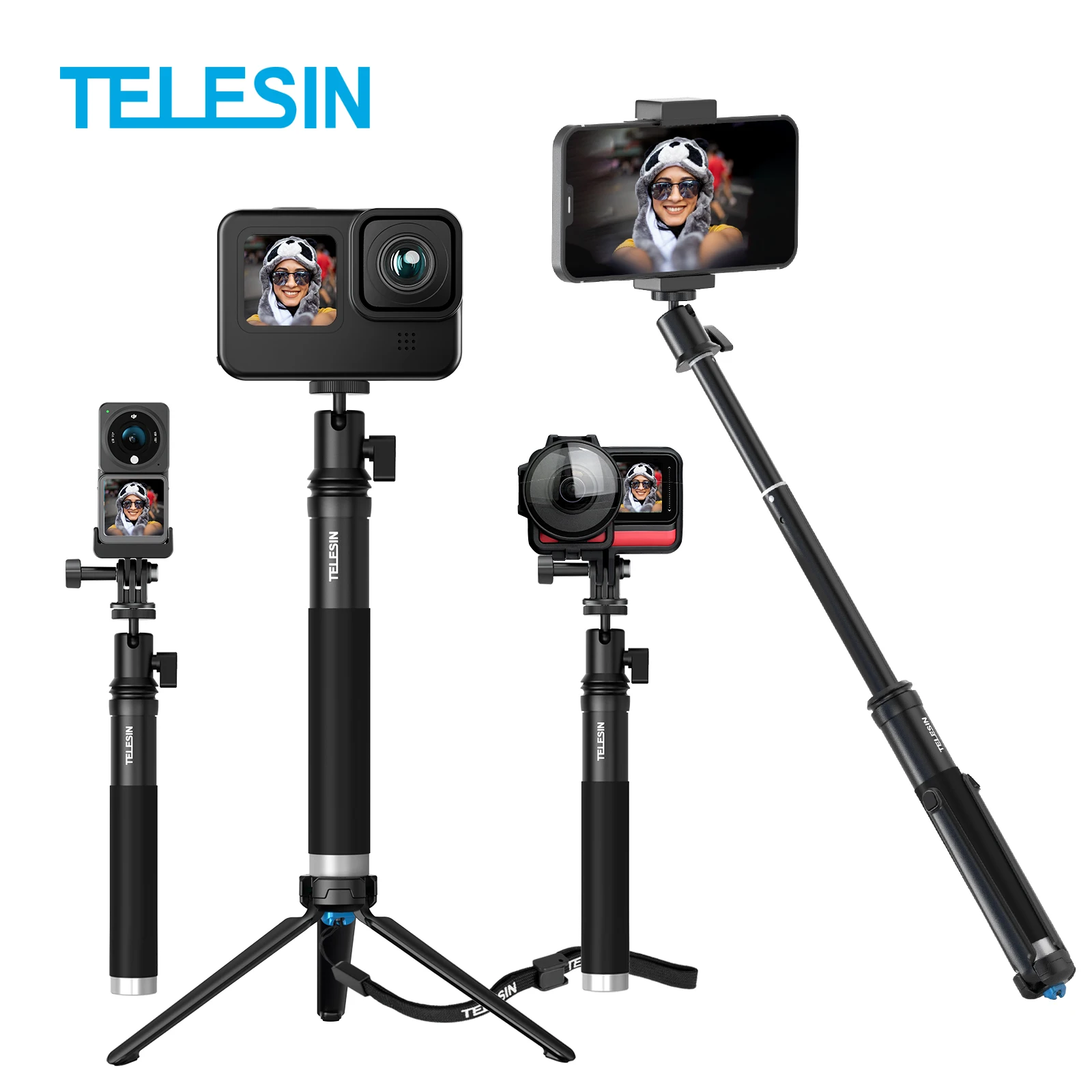 TELESIN Mini Selfie Stick Stativ Kugelkopf & Kaltschuh Telefonclip für GoPro 