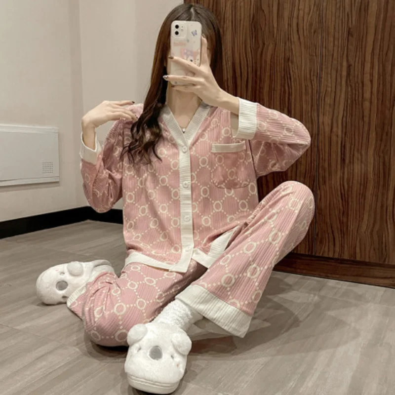 Pajama Sets Women V-neck Sweet Simple Design Casual Cozy Japanese Style Ladies Pockets Fashion Sleepwear Loose Lovely Spring New
