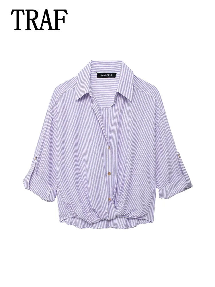 

Женские рубашки на пуговицах TRAF, новые женские летние пляжные повседневные топы, женские рубашки в полоску с длинным рукавом, Топ