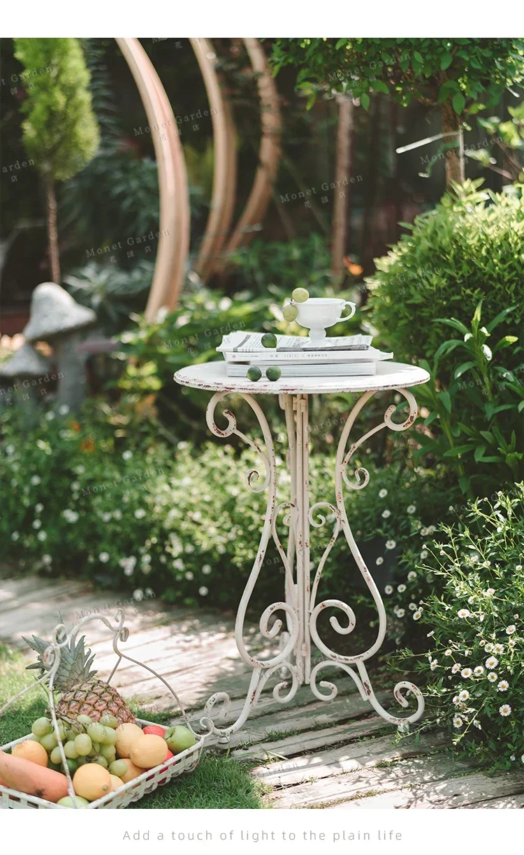 Outdoor Metal Iron Round Side Table Vintage White Finish Rustic Garden Table Decorative Balcony Accent Patio Flower Rack