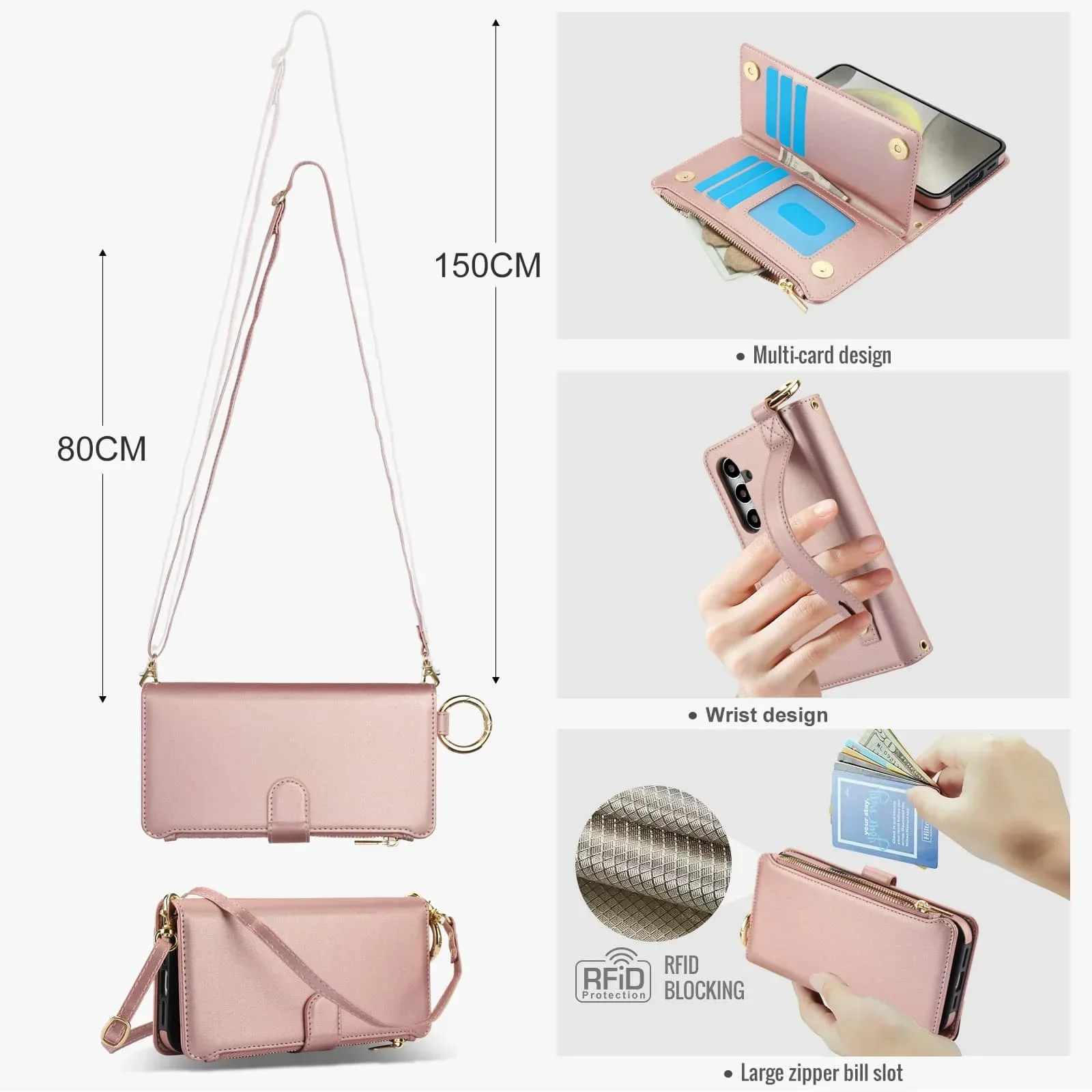 지퍼 신용카드 홀더 RFID 차단 지갑 케이스, 플립 폴리오 커버, 삼성 갤럭시 A55 A15 A54 A14 A73 A53 A13 A72 A52