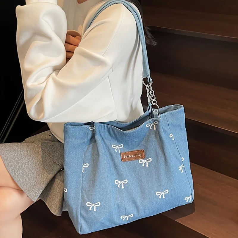 Women's Casual Tote Bag with Fixed Chain Strap & Bow Embroidery Durable Zipper Closure Handbag for Daily Commute Shopping Outing