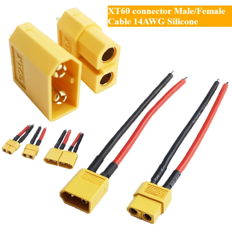 Gros plan sur un connecteur XT60 mâle et femelle en silicone 14AWG, idéal pour drone FPV, avec soudure propre.